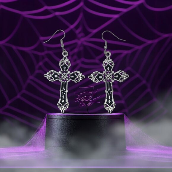 Pair of Gothic Crosses Design Black Dangle Earrings - Picture 1 of 3